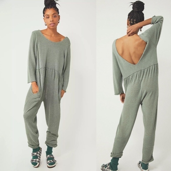 Free People Pants - FP Beach Breaking Free Knit Jumpsuit Onepiece olive sage green